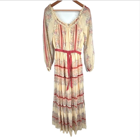 VTG 70s Prairie Dress 6 Maxi Long Sleeve Floral Tiered Cottage Milkmaid Fairy - Picture 14 of 14